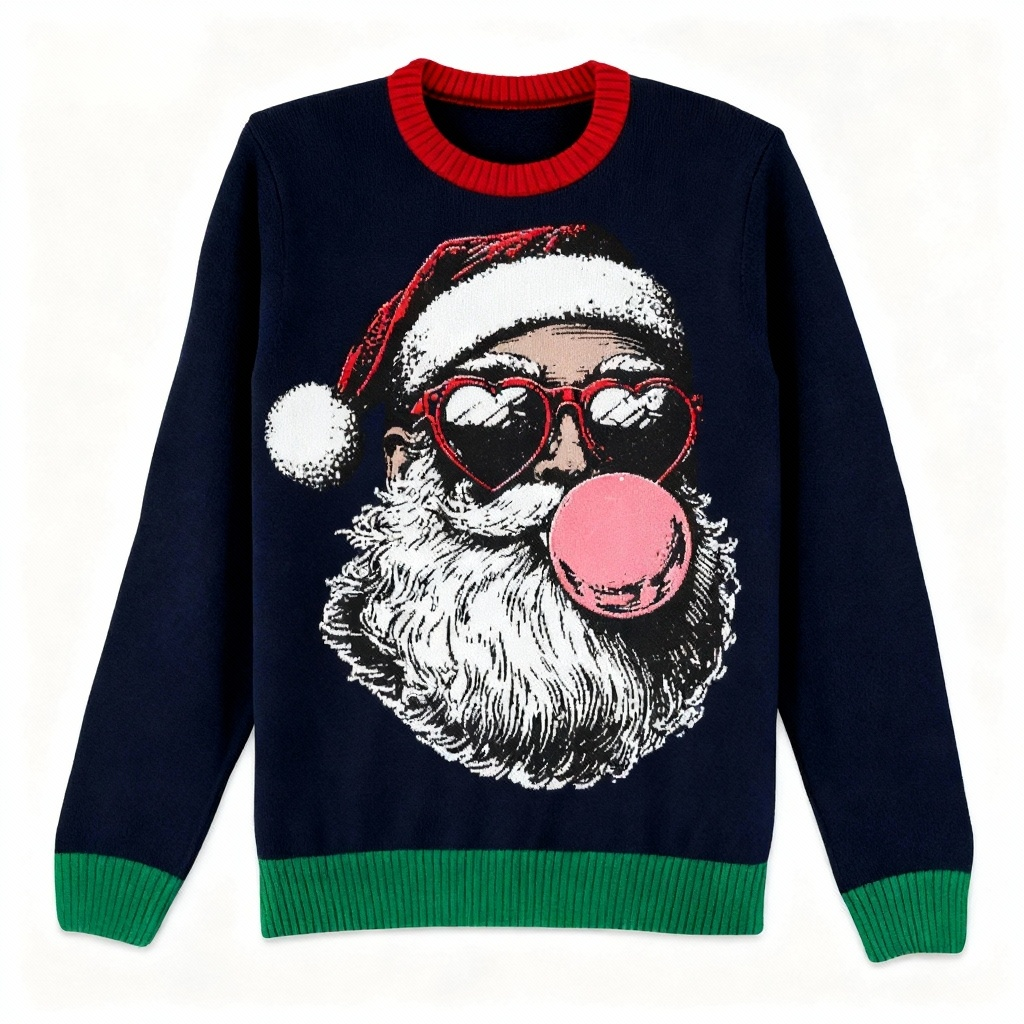 Mirla | Festive & Terrible: Goofy Santa Pattern Print Christmas Sweater-Eva Jonsson