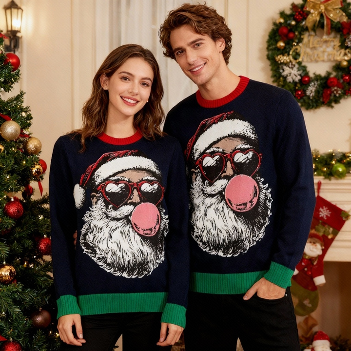 Mirla | Festive & Terrible: Goofy Santa Pattern Print Christmas Sweater-Eva Jonsson