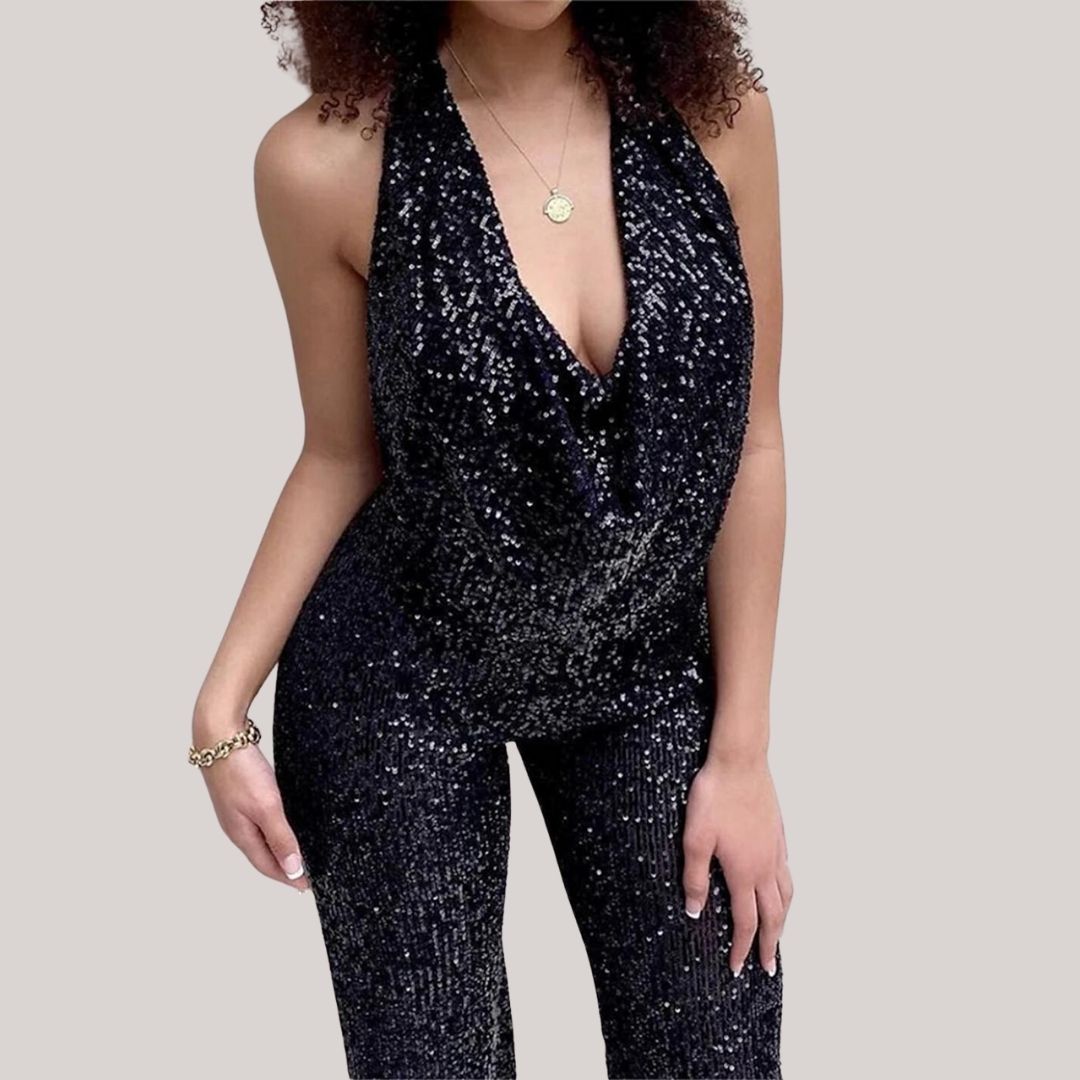Mirla | Festlokal-Paljetter-Rygglös-Halter Ärmlös Jumpsuit-Eva Jonsson