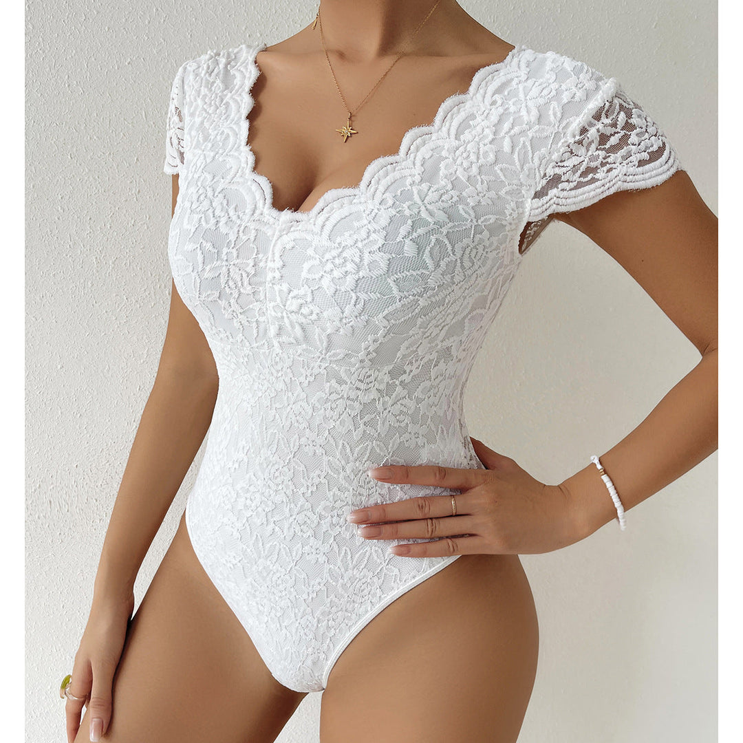 Mirla | Fit V-hals spetsbodysuit Andningsbart stretchmaterial Elegant helårsklädsel-Eva Jonsson