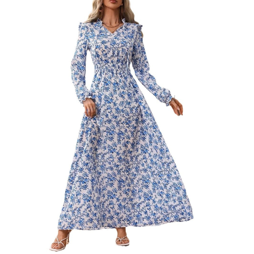 Mirla | Floral Långärmad Elegant Kvinnor Lång Klänning-Eva Jonsson
