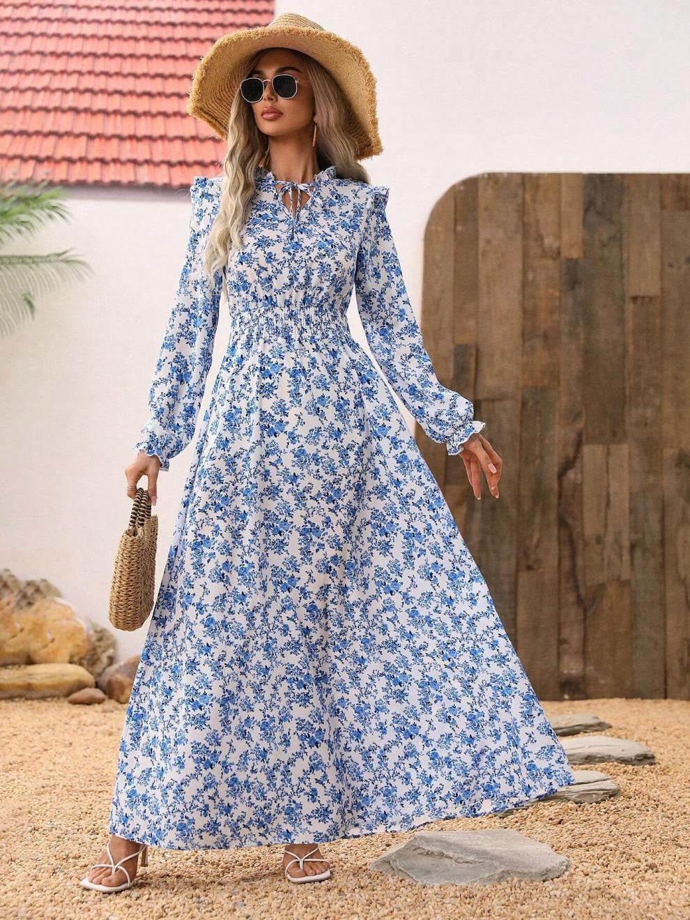 Mirla | Floral Långärmad Elegant Kvinnor Lång Klänning-Eva Jonsson