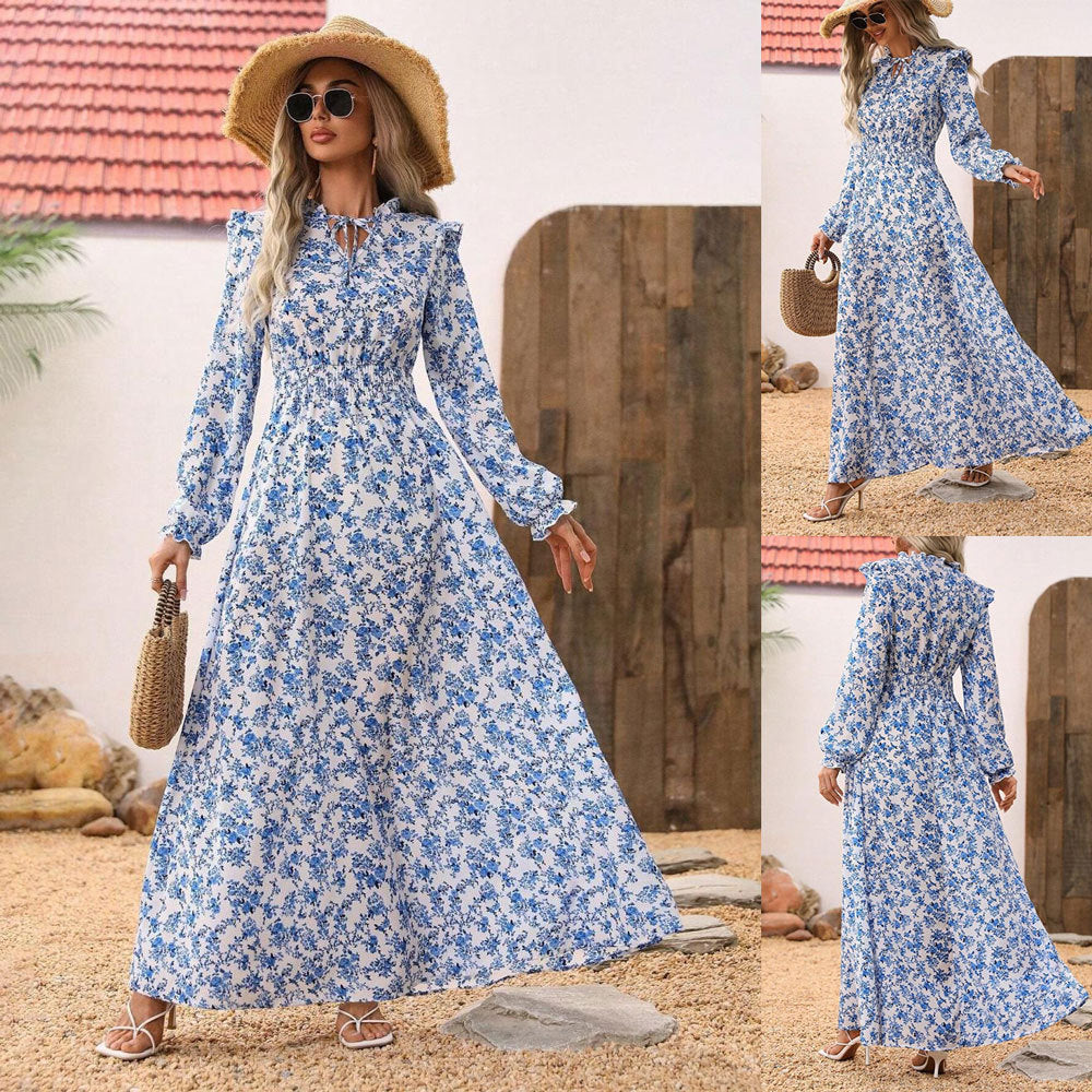 Mirla | Floral Långärmad Elegant Kvinnor Lång Klänning-Eva Jonsson