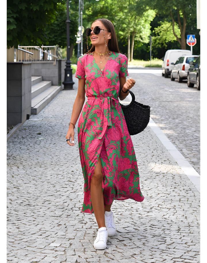Mirla | Floral Wrap Dress - Lätt tropisk sommarklänning med V-ringning-Eva Jonsson