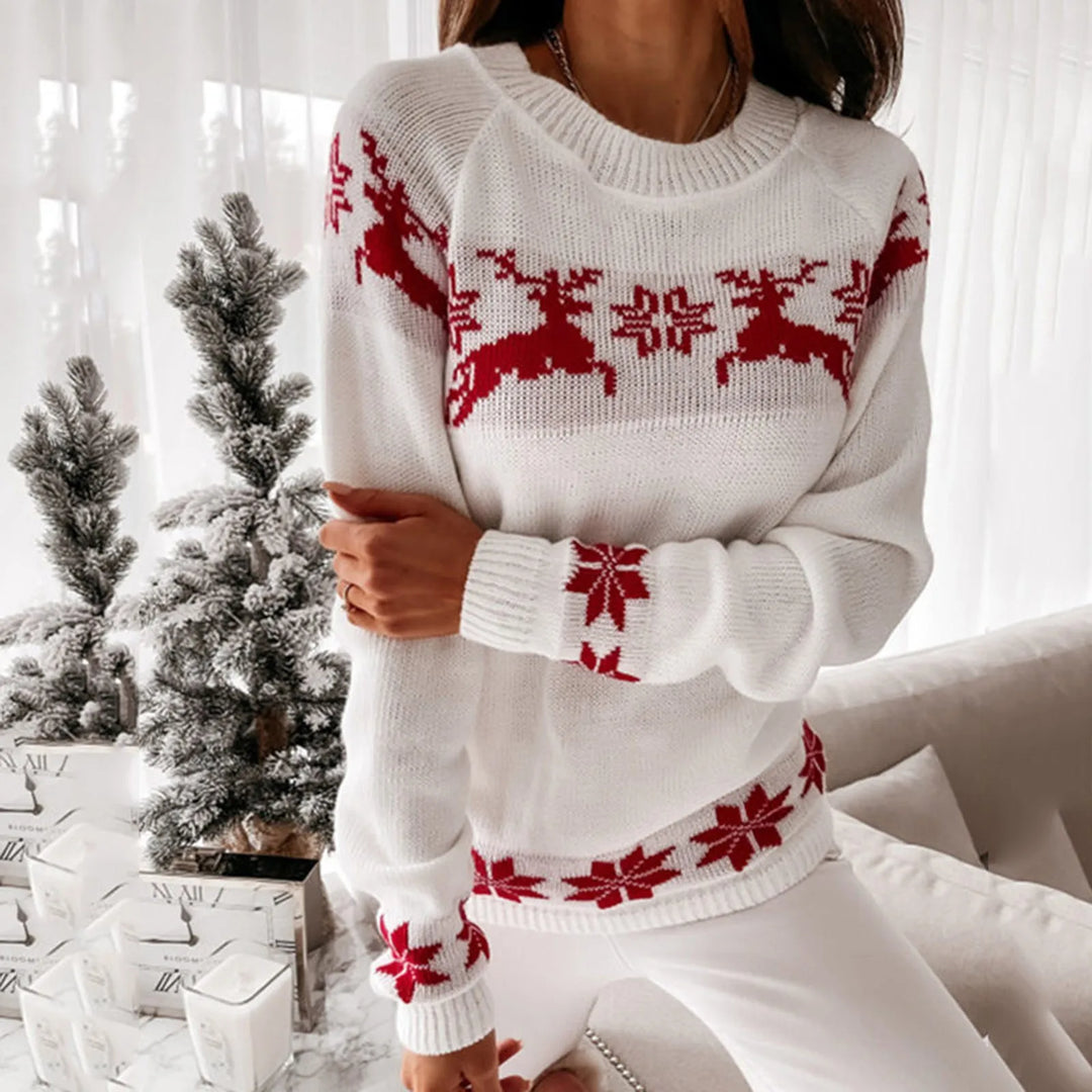Mirla | Ful Jultröja - Bekväm Stickad Tröja med O-Hals Ren- och Snöflinge-Mönster-Eva Jonsson