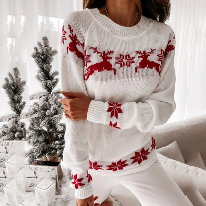 Mirla | Ful Jultröja - Bekväm Stickad Tröja med O-Hals Ren- och Snöflinge-Mönster-Eva Jonsson