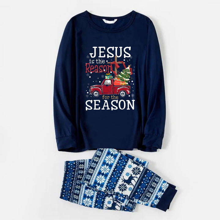 Mirla | Glad Blå Jul-Pyjamas-Set med Jesus Är Anledningen Till Säsongen Texttryck-Eva Jonsson