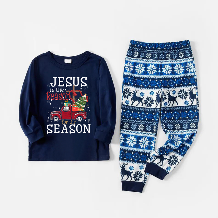 Mirla | Glad Blå Jul-Pyjamas-Set med Jesus Är Anledningen Till Säsongen Texttryck-Eva Jonsson