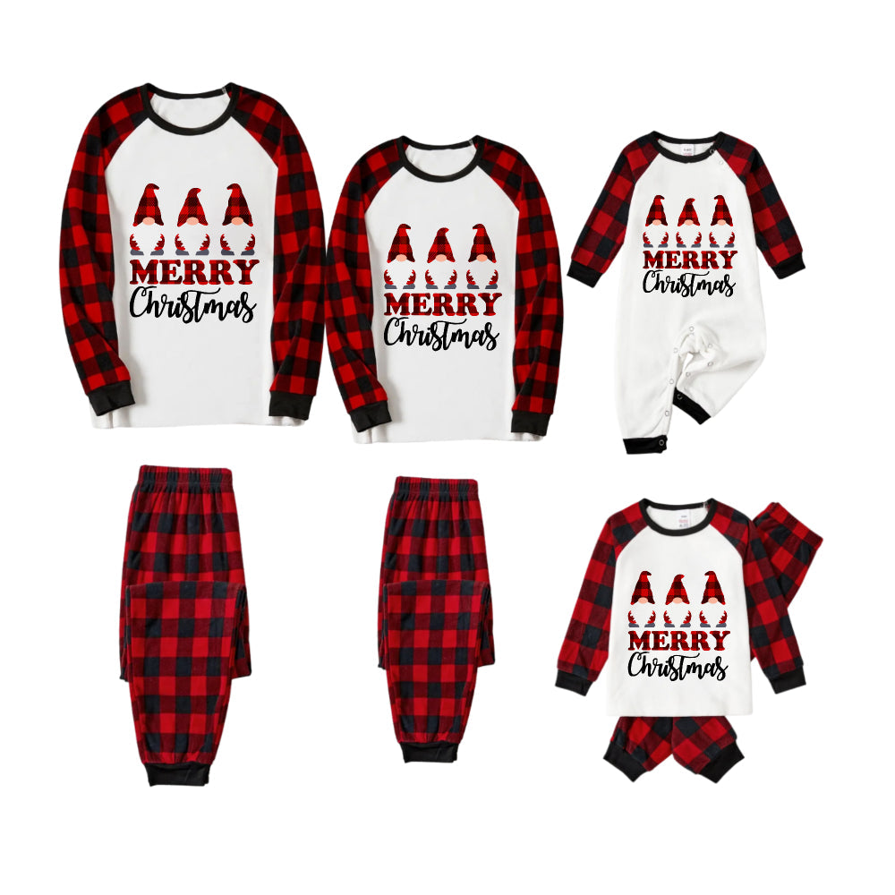 Mirla | Gladda Julbrev och Santa-Hatt Prydnads Vit Långärmad Topp med Röd-Svart Rutiga Byxor Familjepyjamas-Eva Jonsson