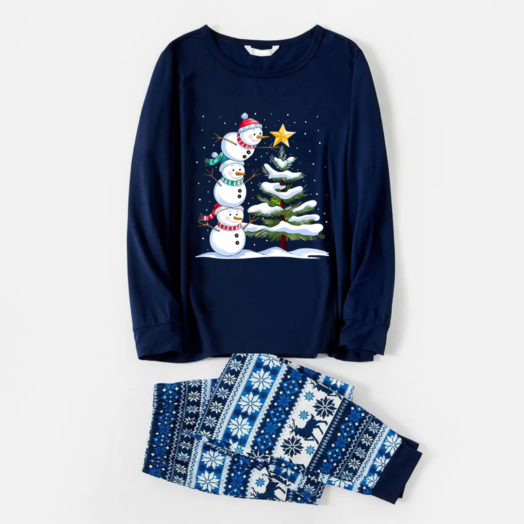 Mirla | Glädje Blå Jul-Pyjamaset med Snögubbe- och Julgrantryck-Eva Jonsson