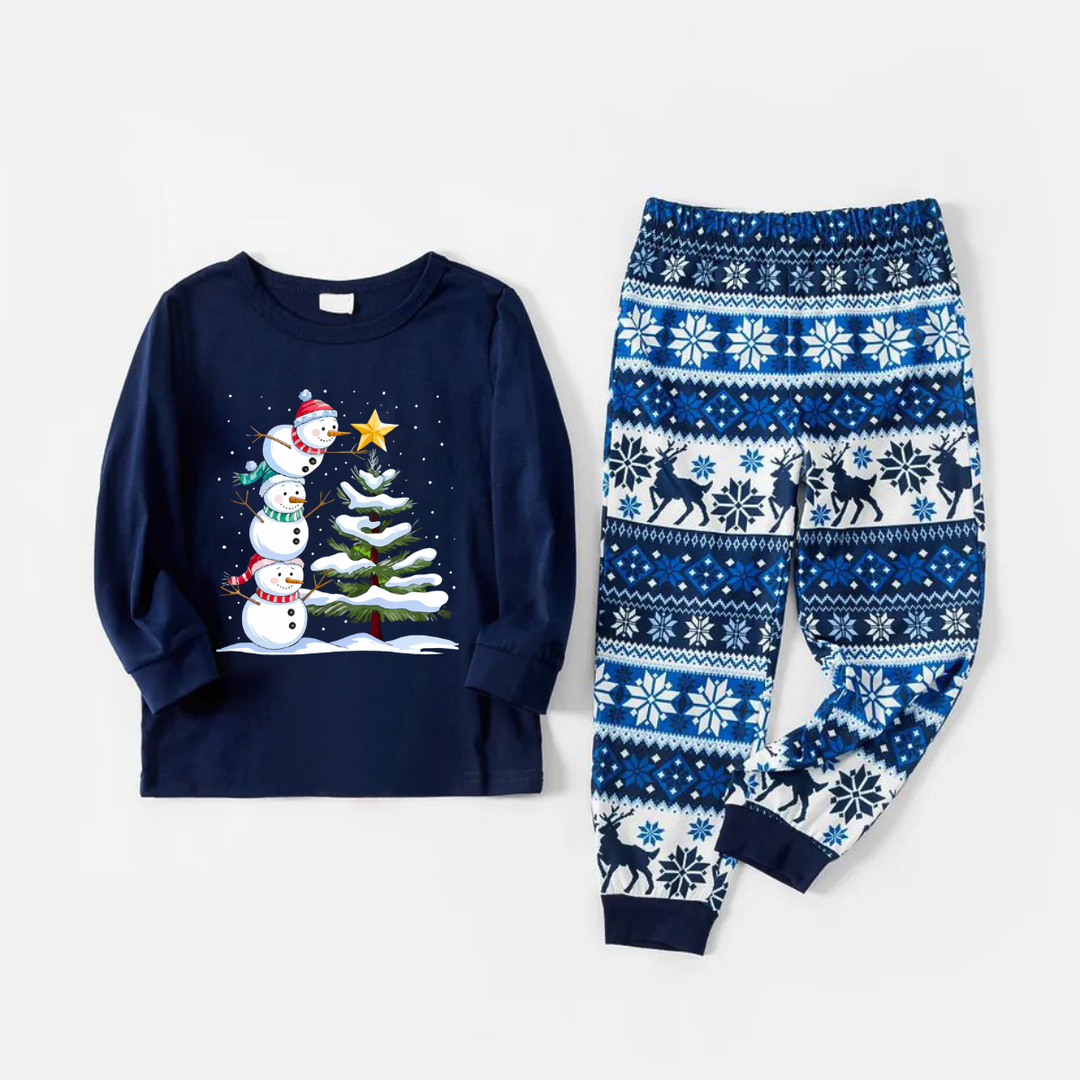 Mirla | Glädje Blå Jul-Pyjamaset med Snögubbe- och Julgrantryck-Eva Jonsson