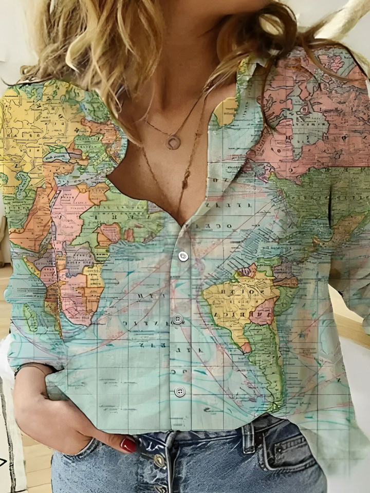 Mirla | Globe Världskarta Tryckt T-shirt-Eva Jonsson