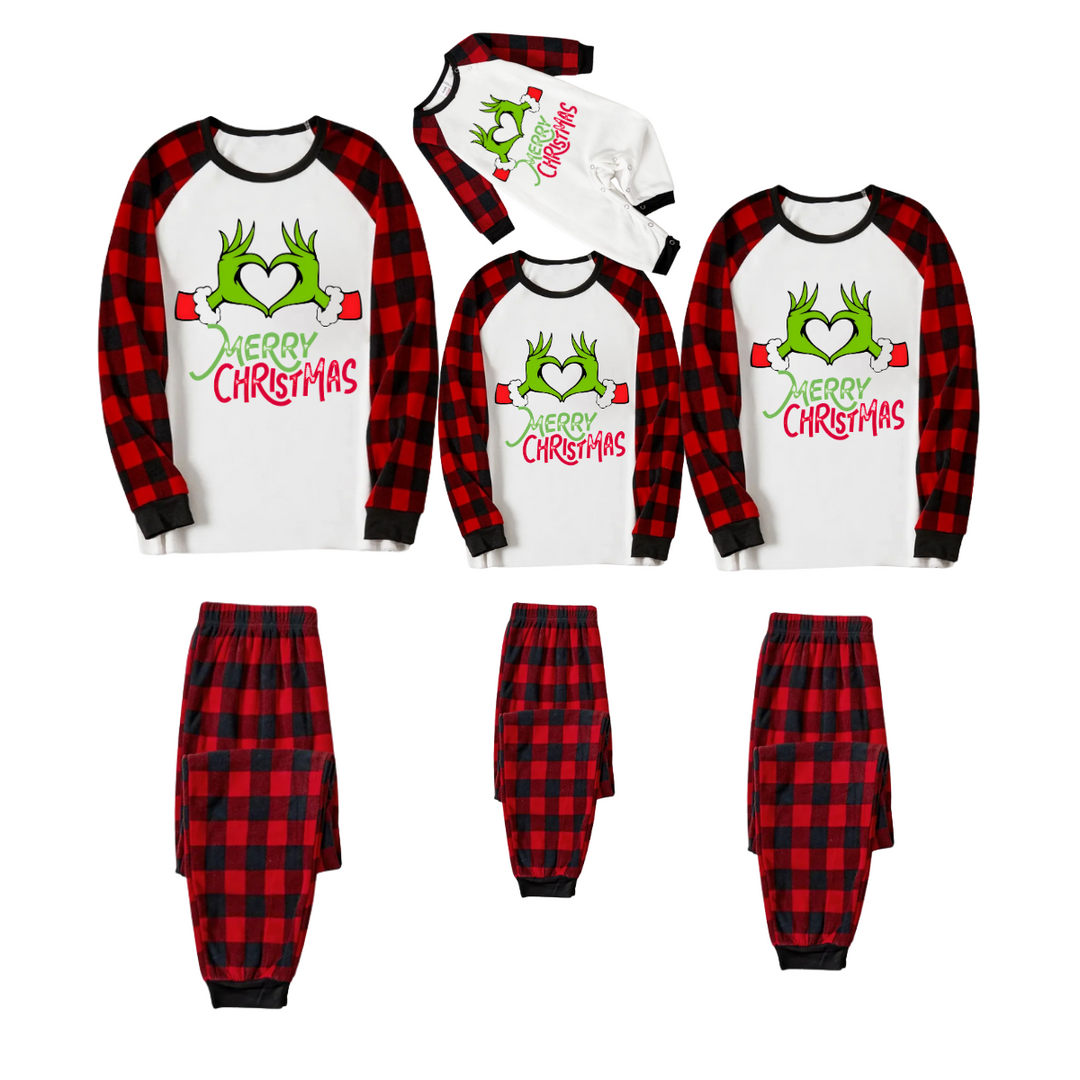 Mirla | God Jul 2025 Minnen Familj Pyjamas Set - Vit Topp Röd Byxa Röd Buffalo-Rutigt Mönster Ärmar-Eva Jonsson