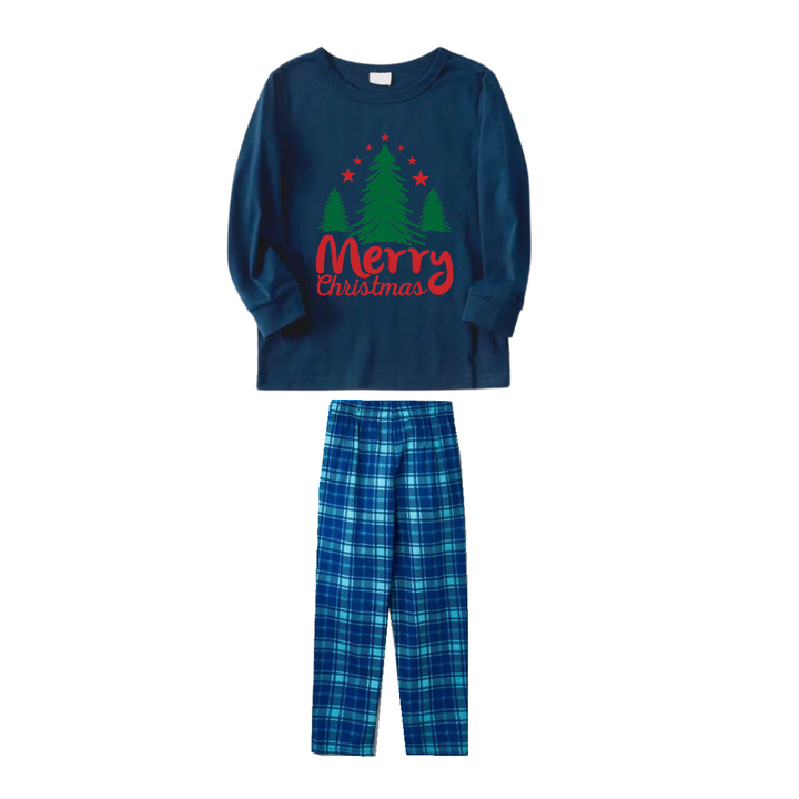 Mirla | God Jul Brev & Träd Tryck Mönster Blå Långärmad Topp och Blå & Vit Rutiga Byxor Familj Matchande Pyjamas-Eva Jonsson