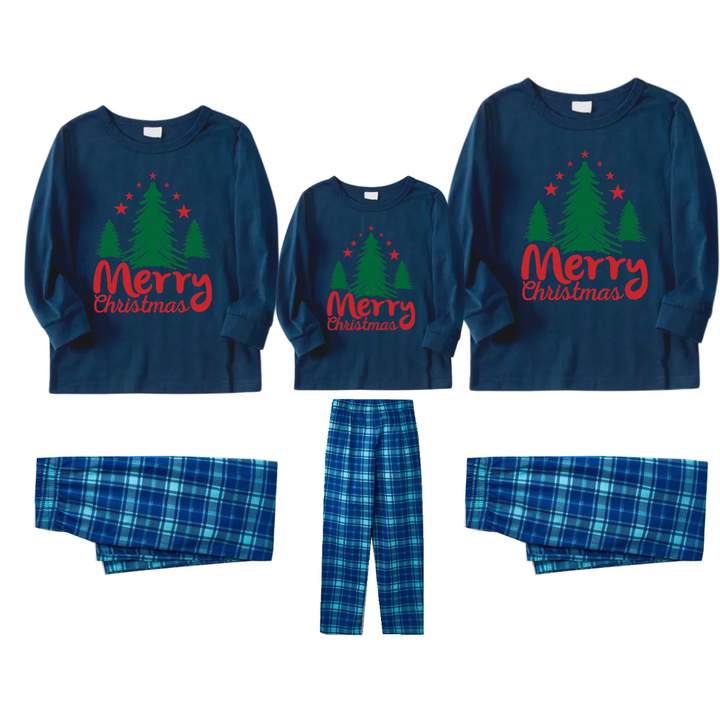 Mirla | God Jul Brev & Träd Tryck Mönster Blå Långärmad Topp och Blå & Vit Rutiga Byxor Familj Matchande Pyjamas-Eva Jonsson