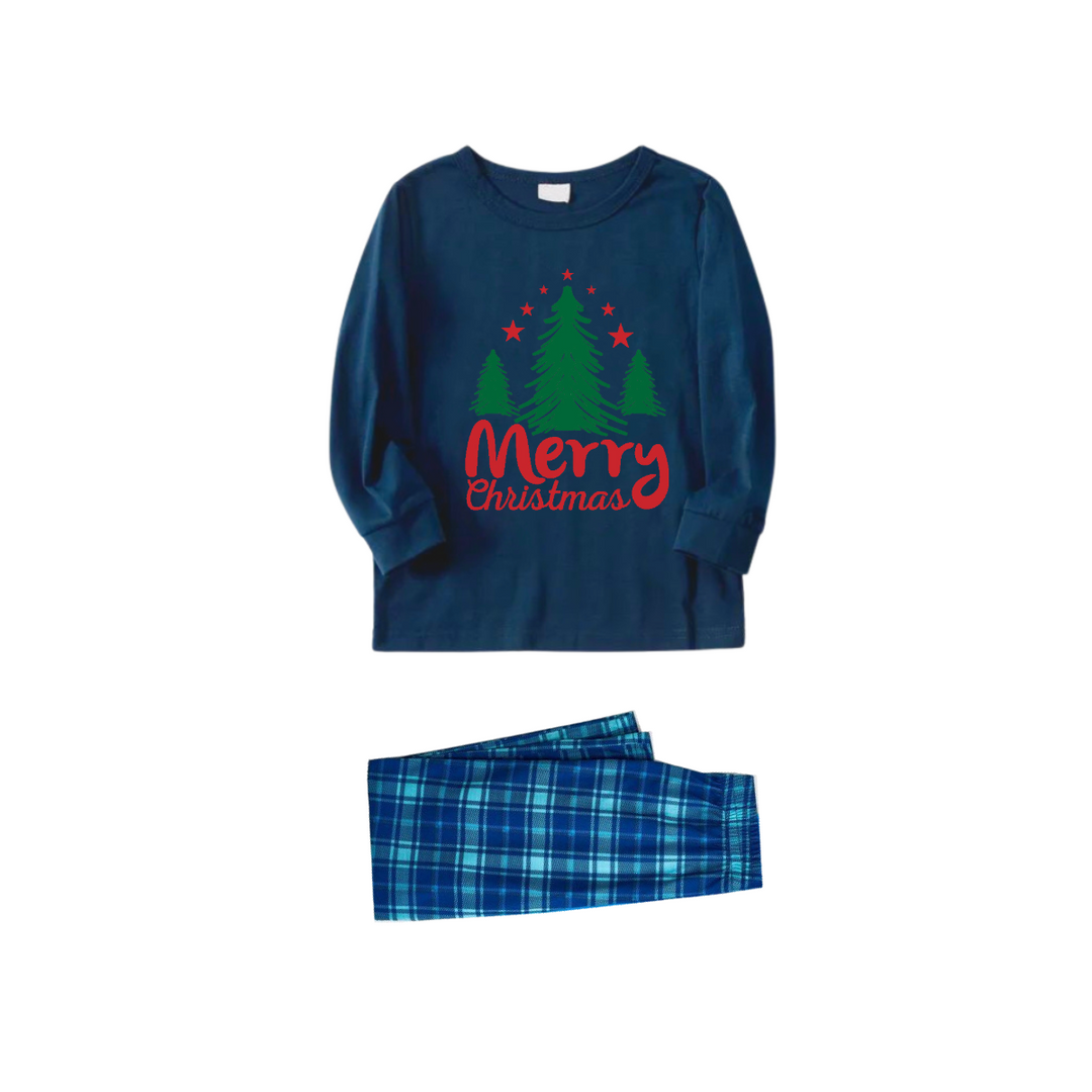 Mirla | God Jul Brev & Träd Tryck Mönster Blå Långärmad Topp och Blå & Vit Rutiga Byxor Familj Matchande Pyjamas-Eva Jonsson