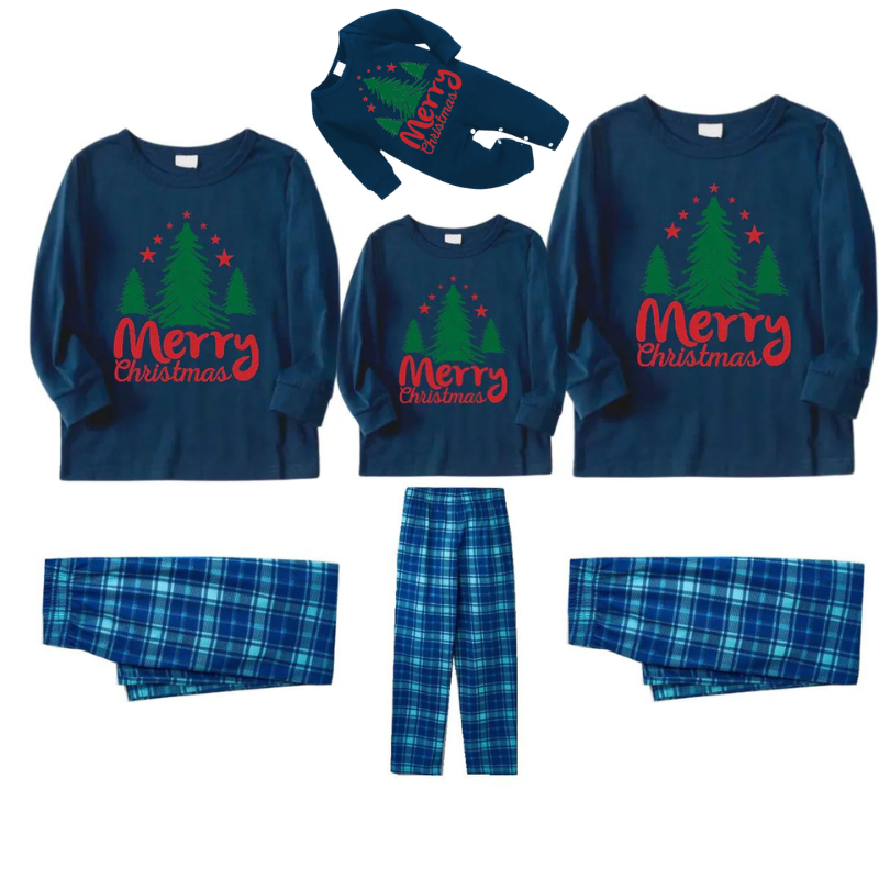 Mirla | God Jul Brev & Träd Tryck Mönster Blå Långärmad Topp och Blå & Vit Rutiga Byxor Familj Matchande Pyjamas-Eva Jonsson