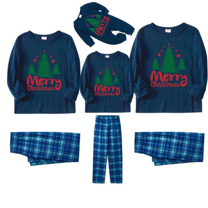 Mirla | God Jul Brev & Träd Tryck Mönster Blå Långärmad Topp och Blå & Vit Rutiga Byxor Familj Matchande Pyjamas-Eva Jonsson