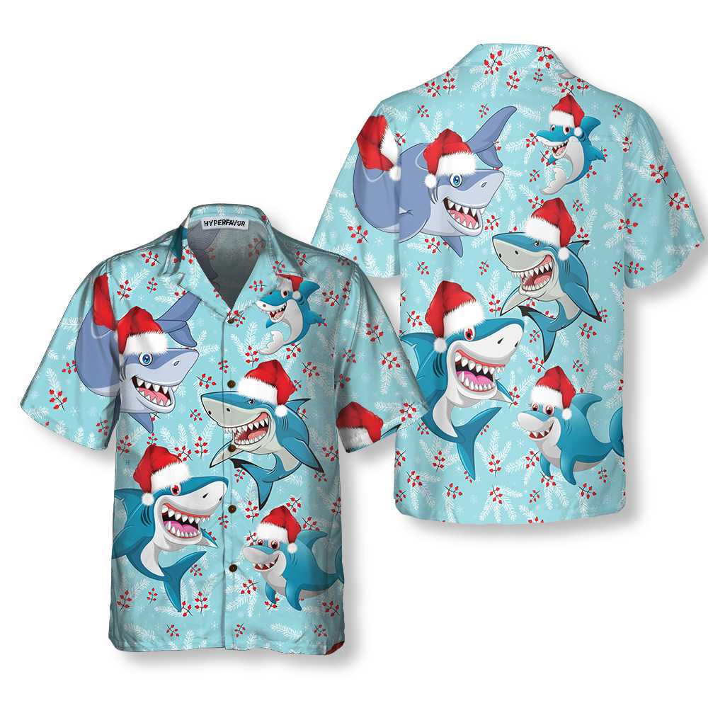 Mirla | God Jul Hai Santa Hat Jul-Hawaiian-Shirt Rolig Hai-Hawaiian-Shirt För Julafton-Eva Jonsson