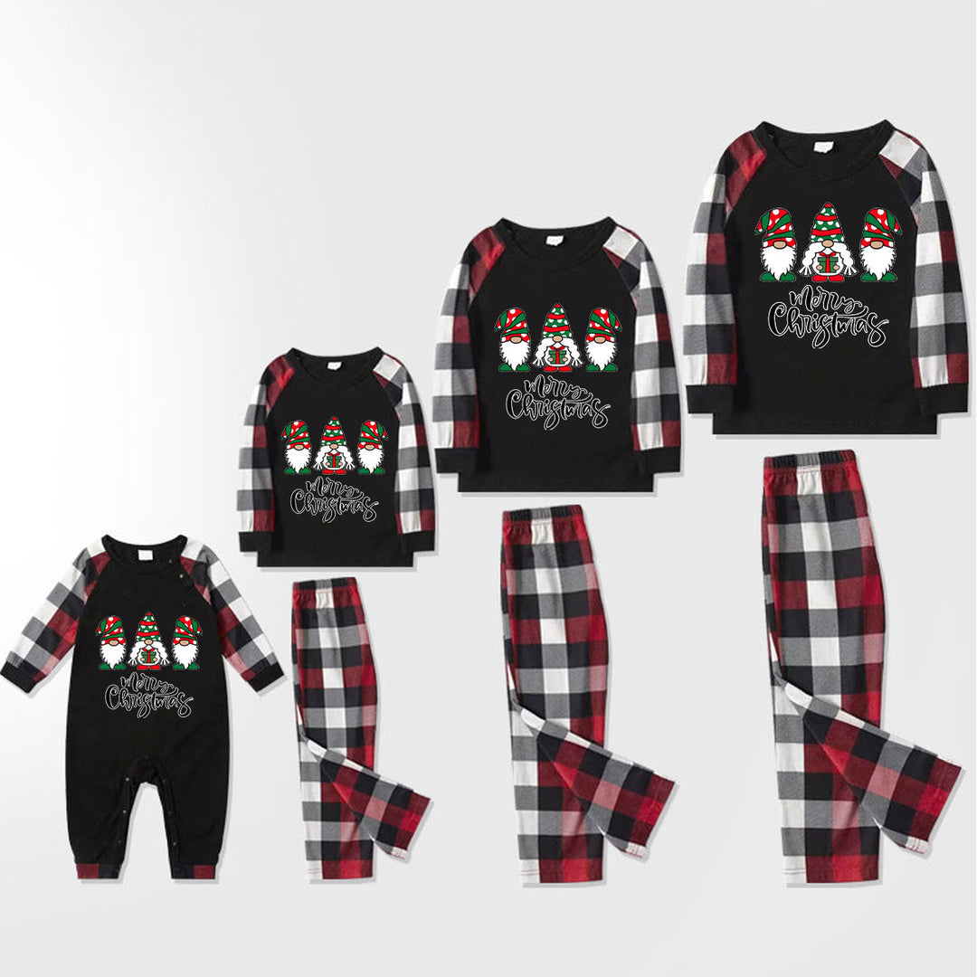 Mirla | God Jul Söt Gnome Tryck Avslappnade Långärmade Sweatshirts Kontrasttoppar och Röd & Svart & Vit Rutig Byxa Familjematchande Pyjamaset med Hund Bandana-Eva Jonsson