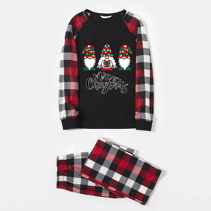 Mirla | God Jul Söt Gnome Tryck Avslappnade Långärmade Sweatshirts Kontrasttoppar och Röd & Svart & Vit Rutig Byxa Familjematchande Pyjamaset med Hund Bandana-Eva Jonsson