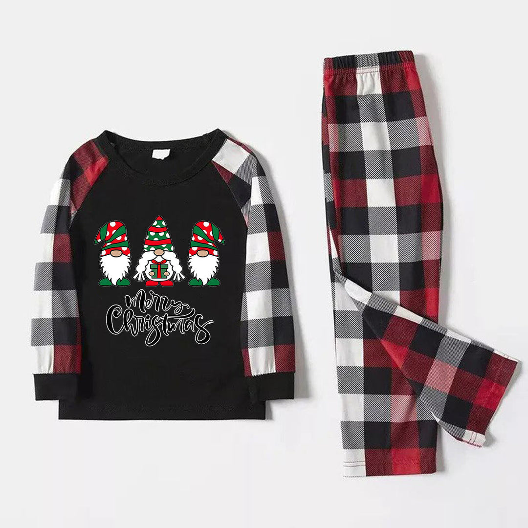 Mirla | God Jul Söt Gnome Tryck Avslappnade Långärmade Sweatshirts Kontrasttoppar och Röd & Svart & Vit Rutig Byxa Familjematchande Pyjamaset med Hund Bandana-Eva Jonsson
