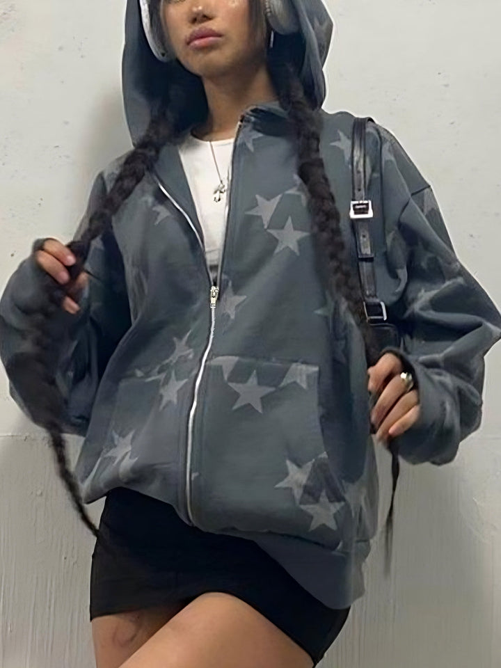Mirla | Grå Stjärn-Hoodie med Dragkedja-Eva Jonsson