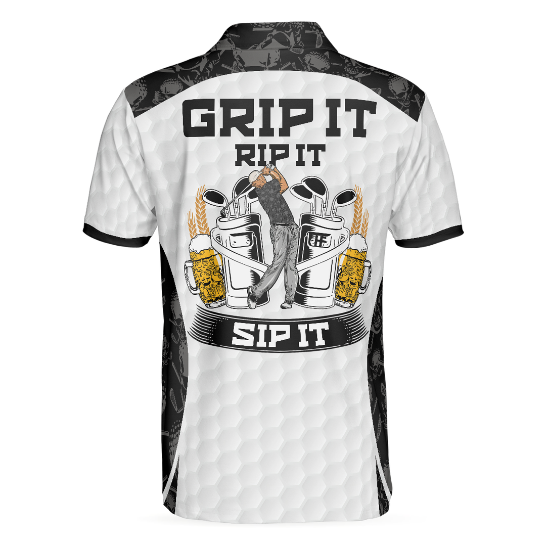 Mirla | Grip It Rip It Sip It Golf Vit Polo T-Shirt med Dödskallemönster För Julen Skämmande Presentidé För Golfare-Eva Jonsson