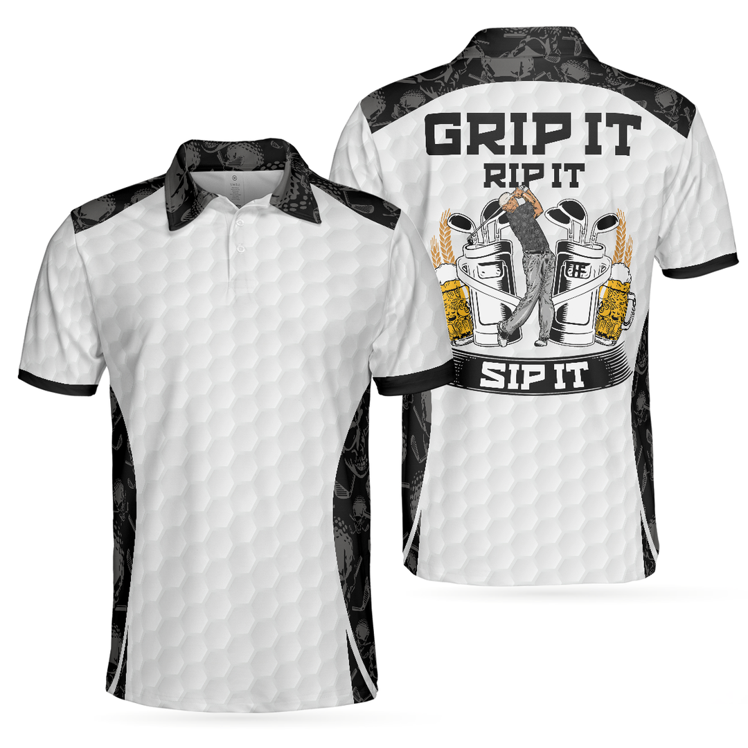 Mirla | Grip It Rip It Sip It Golf Vit Polo T-Shirt med Dödskallemönster För Julen Skämmande Presentidé För Golfare-Eva Jonsson