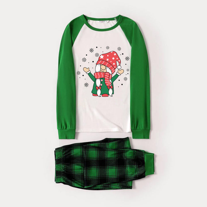 Mirla | Grön Raglan-Top Grön Rutigt Mönster Jul-Pyjamas-Set med Söt Tomte-Tryck-Eva Jonsson
