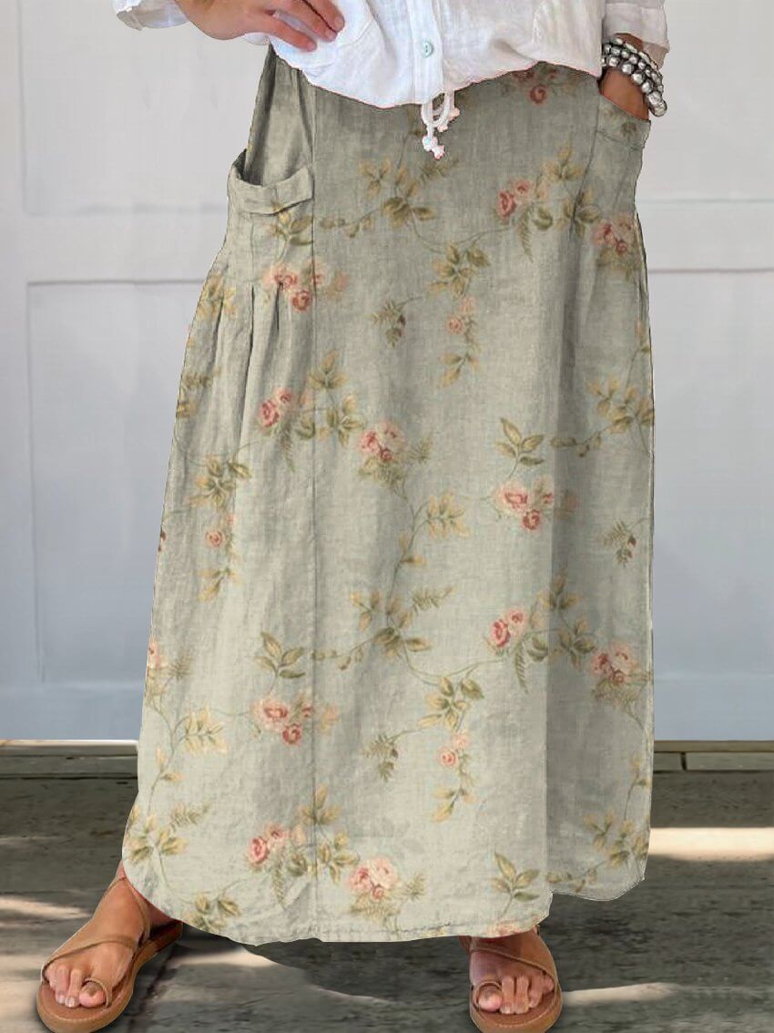 Mirla | Grön blommönster damlinne elastisk midja fickkjol-Eva Jonsson