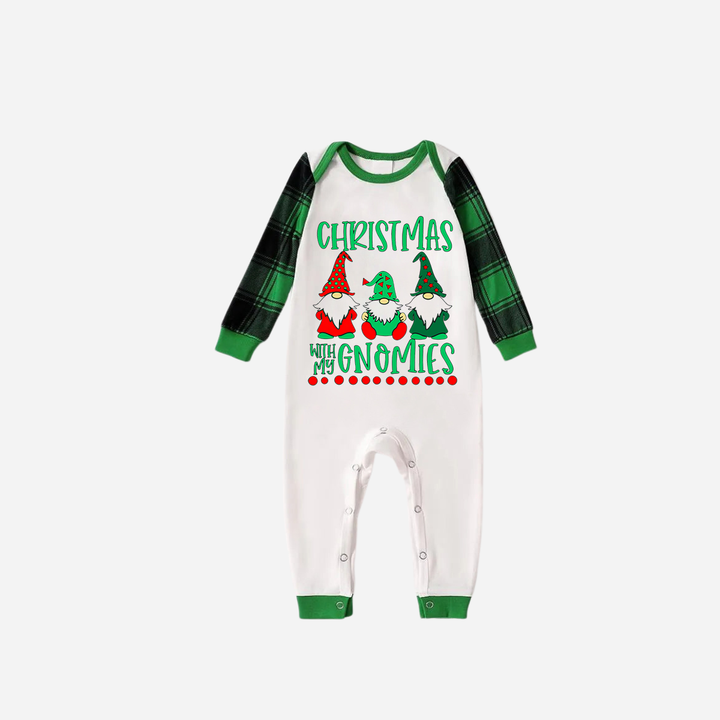 Mirla | Grönt Raglan-Överdel Grön Rutigt Julpyjamas-Set med Jul med Mina Gnomies Texttryck-Eva Jonsson