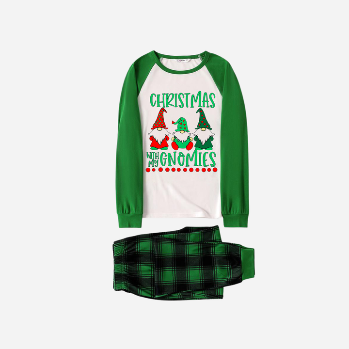Mirla | Grönt Raglan-Överdel Grön Rutigt Julpyjamas-Set med Jul med Mina Gnomies Texttryck-Eva Jonsson