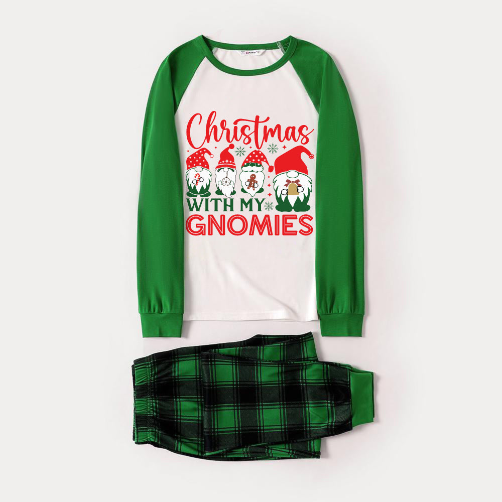 Mirla | Grönt Raglan-Top Grönt Rutig Mönster Jul-Pyjamas-Set med Söta Tomtar och "Jul med Mina Tomtar" Tryck-Eva Jonsson