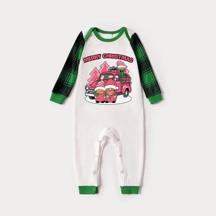 Mirla | Grönt Raglan-Top Grönt Rutigt Jul Pyjamas Set med Rosa Tomtar och Frohe Weihnachten Tryck-Eva Jonsson
