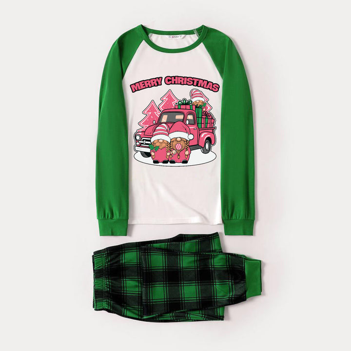 Mirla | Grönt Raglan-Top Grönt Rutigt Jul Pyjamas Set med Rosa Tomtar och Frohe Weihnachten Tryck-Eva Jonsson