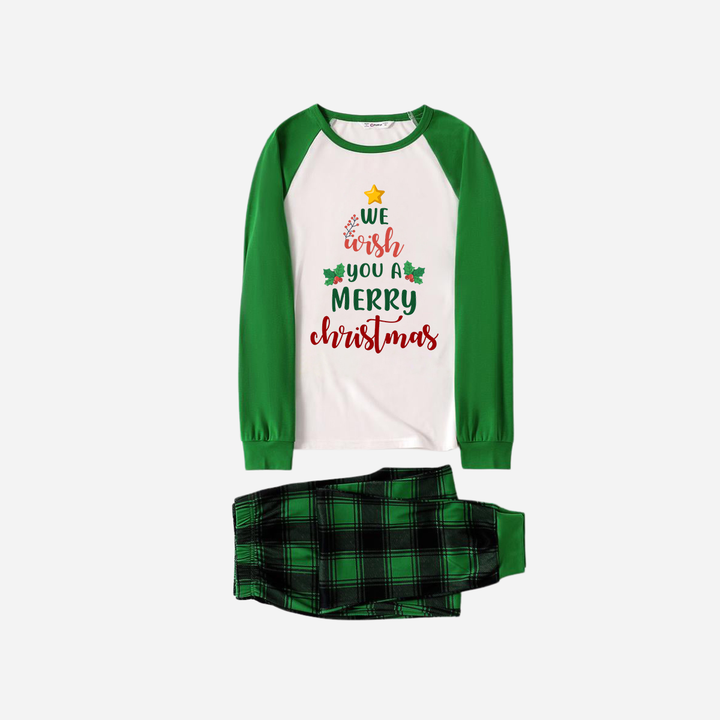 Mirla | Grönt Raglan Top Grönt Rutigt Jul-Pyjamas-Set med Vi Önskar Er God Jul Texttryck-Eva Jonsson