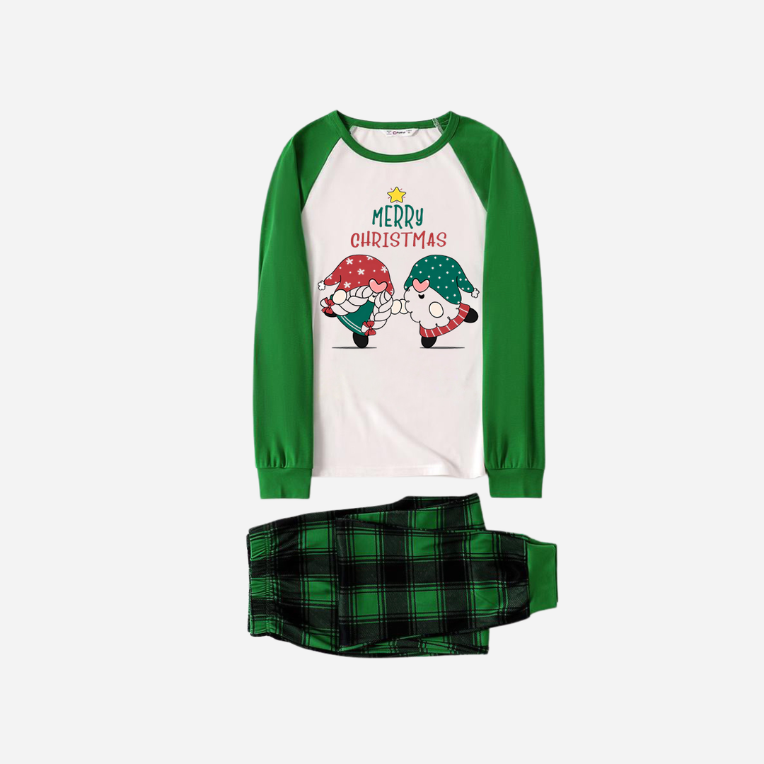 Mirla | Grönt Raglan-Topp Grönt Rutmönster Jul Pyjamaset med Gnom och God Jul Texttryck-Eva Jonsson