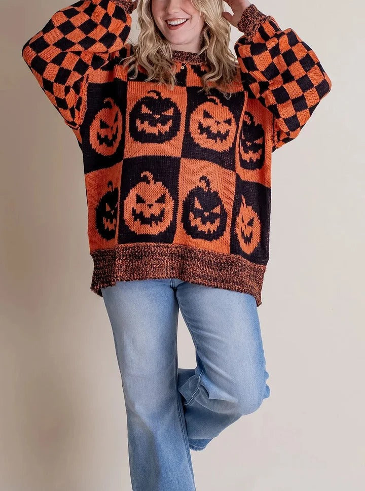 Mirla | Halloween Rutig Stickad Tröja-Eva Jonsson