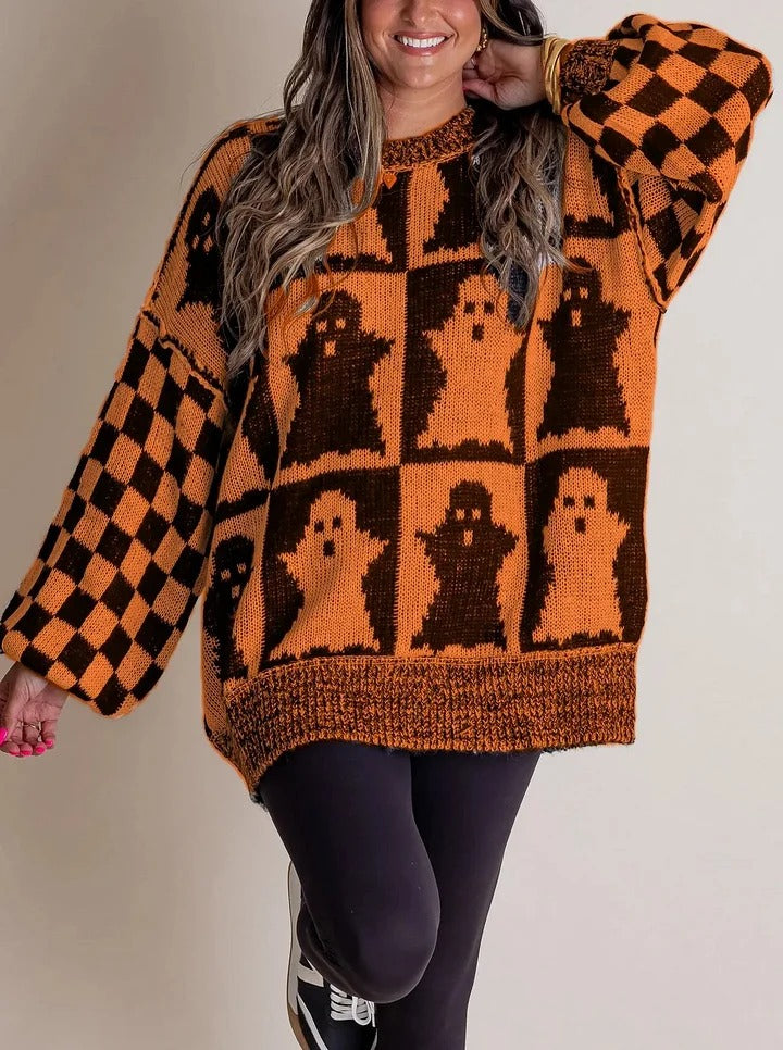 Mirla | Halloween Rutig Stickad Tröja-Eva Jonsson