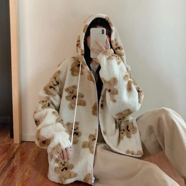 Mirla | Harajuku Björn Teddy Tryck Plush Jacka Fuzzy Huva Ytterkläder-Eva Jonsson