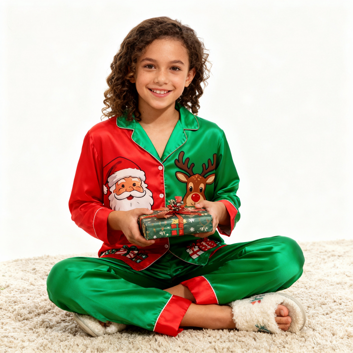 Mirla | Helgfamilj Santa Claus Knapp-Upp Satin Julgran-Pyjamas-Set-Eva Jonsson