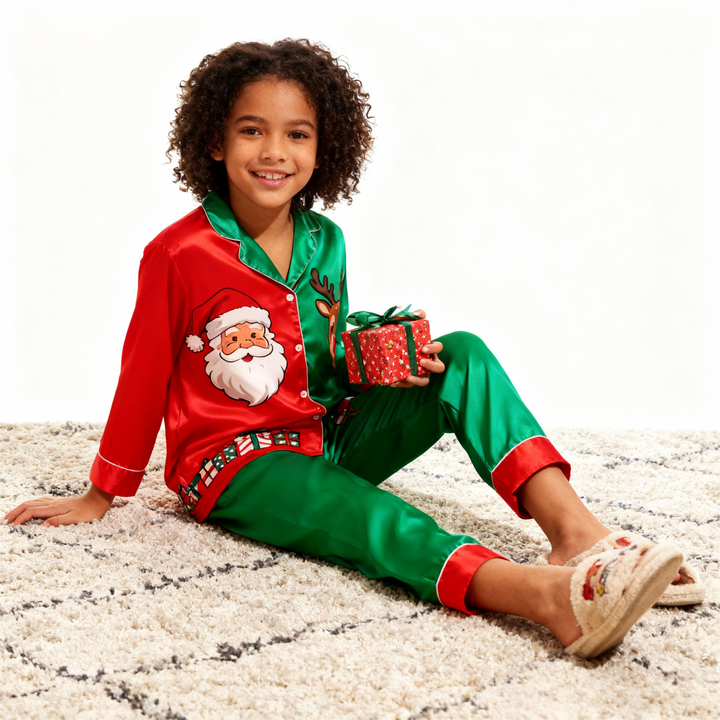 Mirla | Helgfamilj Santa Claus Knapp-Upp Satin Julgran-Pyjamas-Set-Eva Jonsson