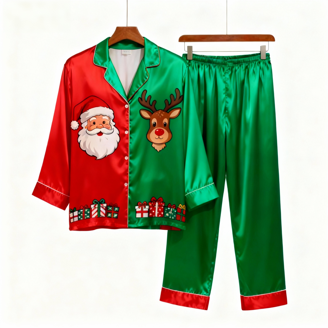 Mirla | Helgfamilj Santa Claus Knapp-Upp Satin Julgran-Pyjamas-Set-Eva Jonsson
