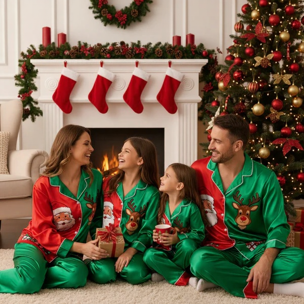 Mirla | Helgfamilj Santa Claus Knapp-Upp Satin Julgran-Pyjamas-Set-Eva Jonsson