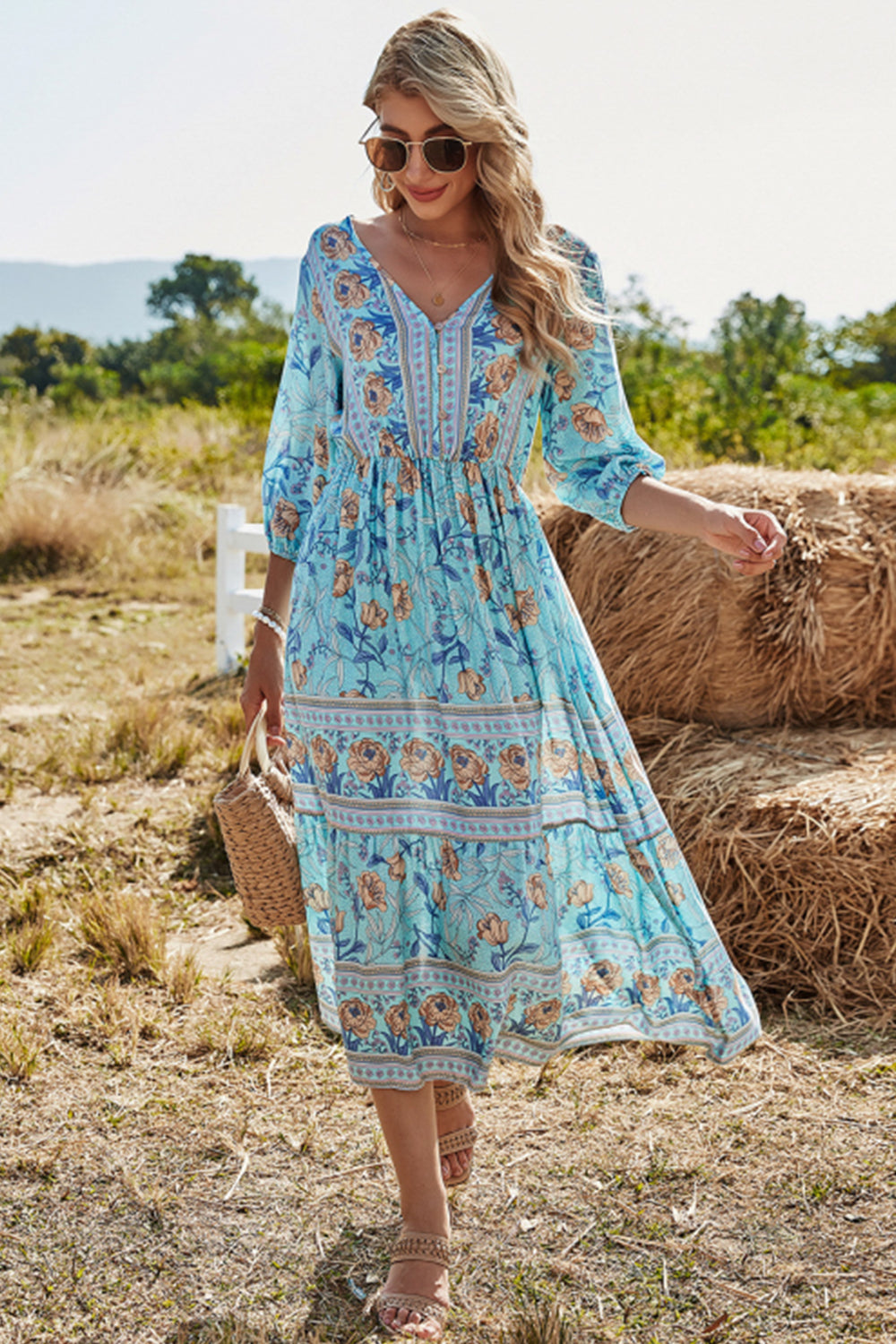 Mirla | Hög midja V-ringad Boho strandklänning-Eva Jonsson