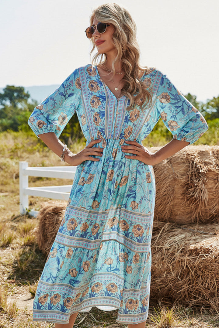 Mirla | Hög midja V-ringad Boho strandklänning-Eva Jonsson