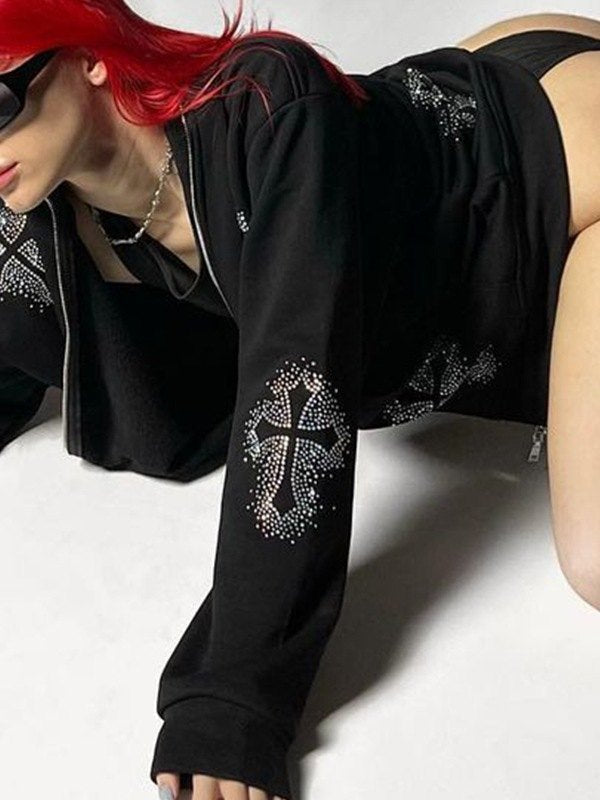 Mirla | Hoodie med Dragkedja och Strass-Korsmönster-Eva Jonsson