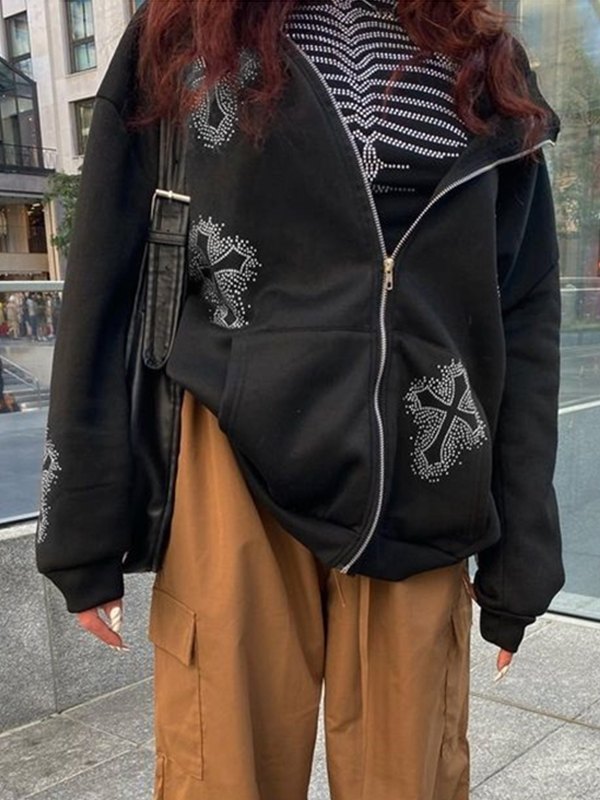 Mirla | Hoodie med Dragkedja och Strass-Korsmönster-Eva Jonsson