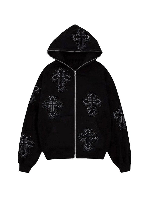 Mirla | Hoodie med Dragkedja och Strass-Korsmönster-Eva Jonsson